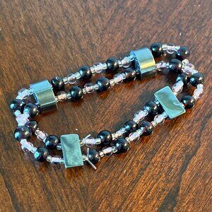 Handmade Double Strand Stretch Bracelet - Purple & Black